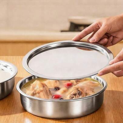 1 pieza Vaporera y bandeja para hornear de acero inoxidable: Olla plana redonda multiusos apta para pasteles, bollos y platos | Borde antideslizante apto para horno, vaporera y lavavajillas