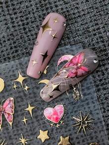 1片热压印蝴蝶星月全息粉色爱心新月星光美人鱼尾巴美甲贴纸 5D浪漫梦幻美甲贴花 自粘美甲装饰贴片 女士和女孩适用 - 彩色 - 查看 4