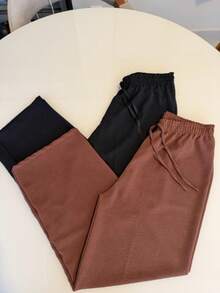 Set Of 2 Women's Pants Duna Wide-Leg Pants Set Wide-Leg Pants High Waist Elastic Waistband Premium Duna Fabric Wrinkle-Resistant Shrink-Resistant Loose-Fitting Pants One Size Elegant Work Look Versatile Piece Fashionable For Summer Winter Spring Autumn Comfort And Style All Seasons Superior Quality - 黑色/棕色 - 查看 8