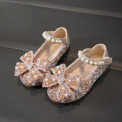 Girls' Glitter Rhinestone Pearl Princess Shoes, Fashion Versatile Hook And Loop Bow Flat Shoes