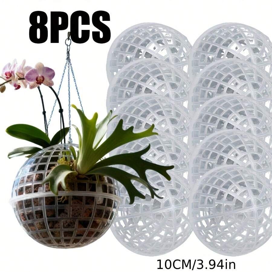 8个现代塑料悬挂式苔藓球，适用于兰花和蕨类植物，带排水孔设计，室内/室外植物固定装饰，水培园艺苔藓球，盆景树展示，植物爱好者，园艺工具