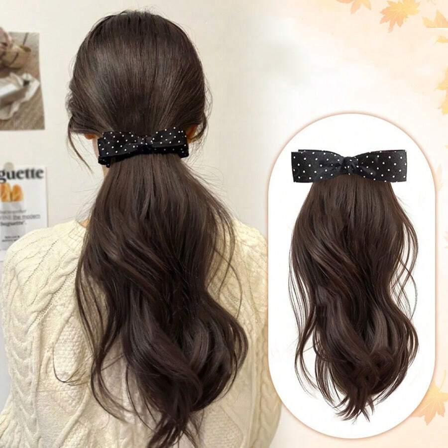 蝴蝶结波点马尾夹式假发，自然蓬松合成发接发，适合低发量马尾辫
