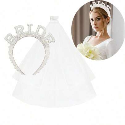 1set Pearl Rhinestone Bride Headband White Bling Bridal Hair Hoop For Bachelorette Party Wedding Party Hair Accessories