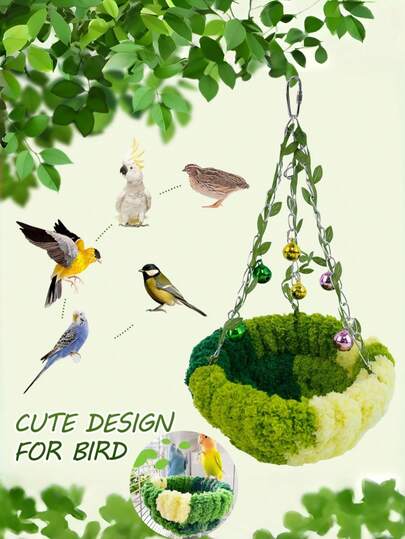 1PC Realistic Green Plants Bird Nest With Bell For Cage - Plush Hanging Leaves Bed, Natural Looking Perch For Conure,Budgie,Cockatiel,Lovebird,Canary,Finch,Hamster,Small Pets,Warm Nest,Green,Winter Survival Kit For Birds To Protect Birds In Cold