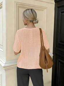 女士夏季新款宽松休闲镂空系带针织开衫，简约低领短袖钩编网纱透视防晒上衣 - 淺粉色 - 查看 3