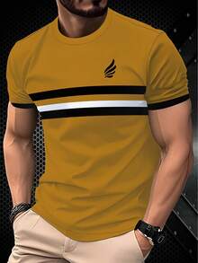 男士优雅条纹短袖圆领T恤，休闲时尚，100%涤纶面料，透气轻盈，常规版型，光滑弹力面料，适合夏季运动穿着 - 彩色 - 查看 1