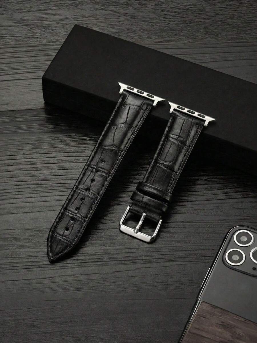 1PC Men Business Black Crocodile Print Leather Watch Strap Compatible With IWatch 38mm 40mm 41mm 42mm 44mm 45mm 46mm 49mm,Classic Formal Daily Wear Black Bamboo Pattern Leather Watchband Compatible With Apple Watch Series Ultra 3/2/1 11 10 9 8 7 SE3 6 5 4 3 2 1,Fashion Smart Watch Strap Compatible With IWatch Bands - Black - View 1