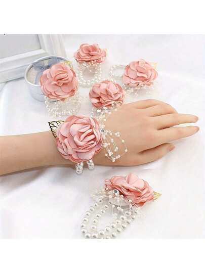 Bộ 1/3/6 vòng hoa cài cổ tay thanh lịch đính ngọc trai và đá pha lê, gồm hoa hồng satin màu hồng, ngọc trai và đá pha lê, thích hợp cho cô dâu, đám cưới, tiệc tùng, phù dâu.