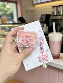 渐变蝴蝶结耳机盒，蝴蝶珍珠吊坠，少女粉蓝蓝牙耳机充电盒保护套 - 粉色 - 查看 2