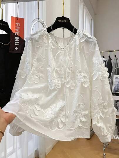早春新款3D立体花卉装饰长袖衬衫，宽松休闲女式上衣 白色