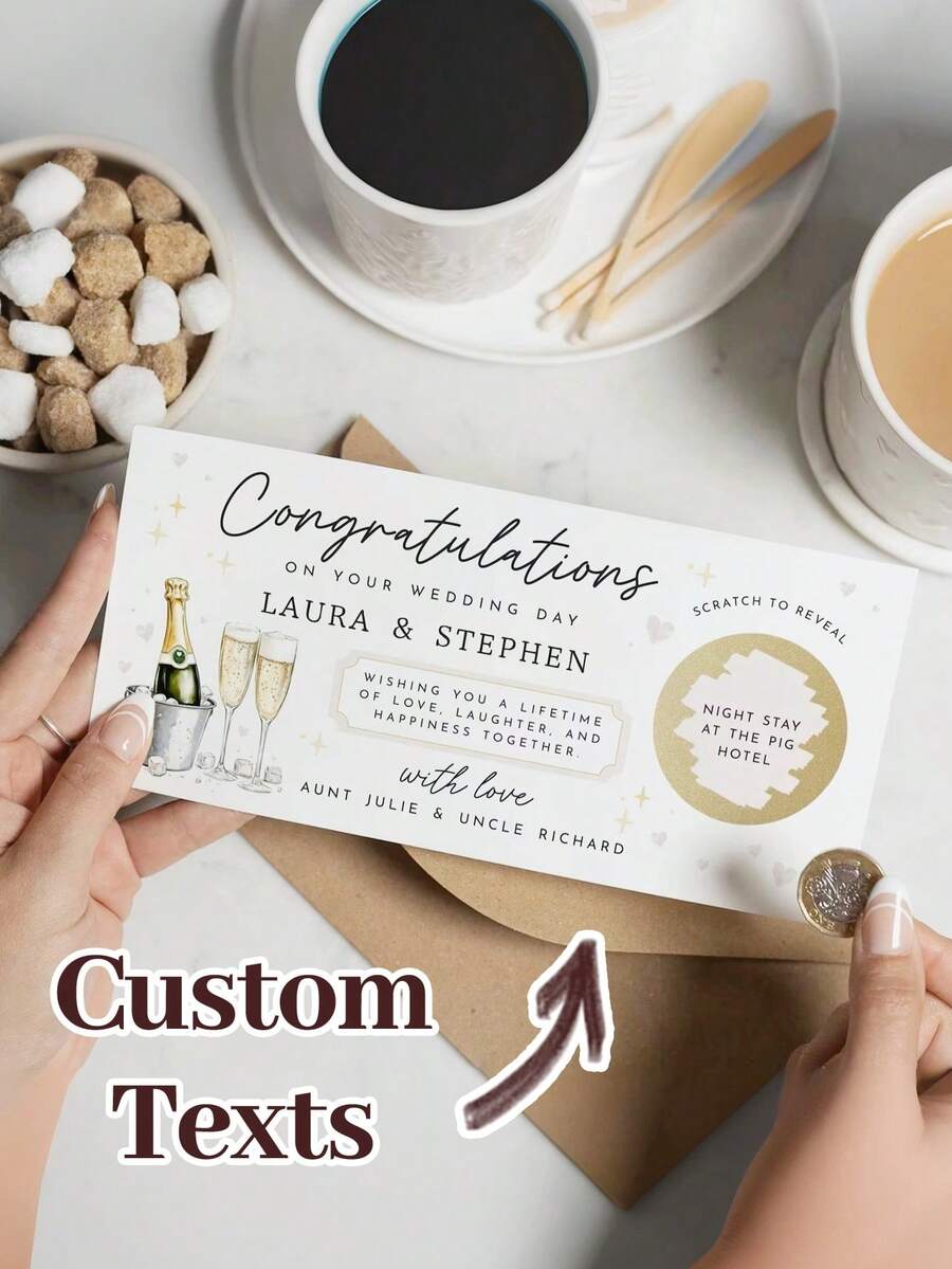 1pc Customized Text Wedding Scratch-Off Gift Card, Personalized Name Blessing Card, Newlywed Couple Wedding Anniversary Gift, Wedding Engagement Party Gift - Multicolor - View 1