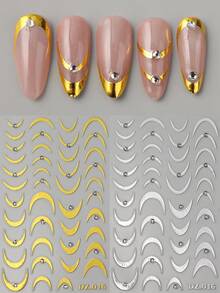 2pcs 5D Embossed Rhinestone French Manicure Stickers, Silver & Gold Diamond French Line Self-Adhesive Nail Art Decorations, Y2K Style - Multicolor - View 8