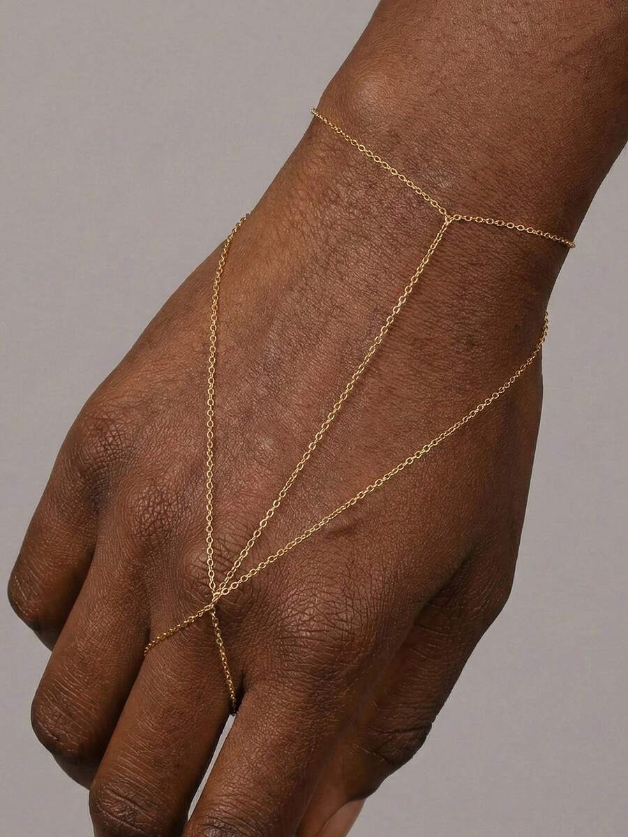 925 Sterling Silver Gold Bracelets For Women , Dainty Gold Hand Chain Bracelet 18k Gold Plated Finger Ring Bracelet Hand Chain CZ Bracelets For Women Non Tarnish Jewelry Gift - 金色-鏈條 - 查看 1