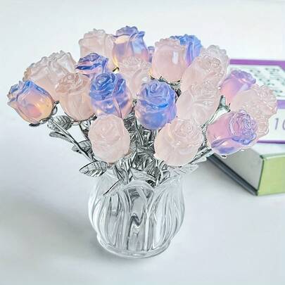 1件天然石英雕刻玫瑰 - 美丽的石英水晶花装饰品，适用于珠宝制作、装饰、家居和办公用途，也是万圣节礼物的绝佳选择。