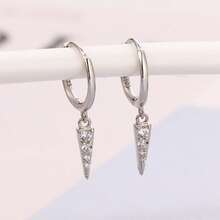 HuooNew 1 Pair S925 Sterling Silver Pointed Cone Full Cubic Zirconia Pendant Earrings, Unique Triangular Cone Shape Minimalist Women's Silver Hoop Earrings - Silver - View 6