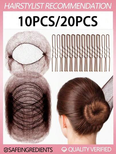 60-Piece Hair Net Set: Includes 10 Invisible Mesh Hair Nets And 50 U-Shaped Hair Clips, With 19.69-Inch Elastic Edges, In Black And Brown, Suitable For Women, Girls, Ballet Dancers, Bun Making, Dancers, Flight Attendants, And As Professional Hair Styling Tools For Occasions Such As Easter, Spring Break, And Prom, Hair Bun Maker, Hair Styling Pins, Accessories