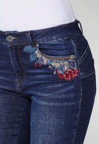 Koroshi Women's Slim Push-Up Denim Trousers With Turn-Up Hem, Embroidered Floral Detail, And Zip And Button Front Closure, Dark Blue, Sizes 34/36/40 - Navy Blue - View 2