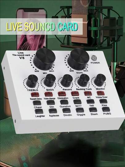 YAIUZGOO بطاقة صوت V8، بطاقة صوت خارجية، مناسبة للبث المباشر للهاتف المحمول وKTV، تدعم دردشة صوت مزدوجة للهاتف المحمول، متوافقة مع الكمبيوتر والهاتف المحمول
