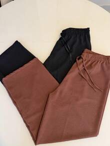 Set Of 2 Women's Pants Duna Wide-Leg Pants Set Wide-Leg Pants High Waist Elastic Waistband Premium Duna Fabric Wrinkle-Resistant Shrink-Resistant Loose-Fitting Pants One Size Elegant Work Look Versatile Piece Fashionable For Summer Winter Spring Autumn Comfort And Style All Seasons Superior Quality - 黑色/棕色 - 查看 2