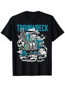 Personajes de dibujos animados del tren Kabuda, Camiseta Trainwreck-Shirt, Camiseta de manga corta de algodón para hombre y mujer, para las cuatro estaciones, informal, de cuello redondo, para exteriores, con personalidad, ligeramente elástica, 100% algodón, S-Kbd - Negro - Ver 1