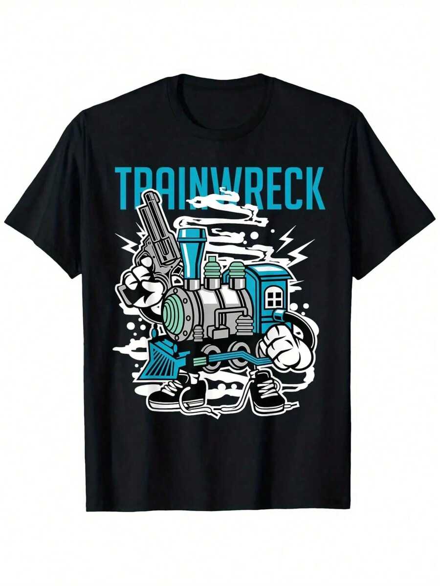 Personajes de dibujos animados del tren Kabuda, Camiseta Trainwreck-Shirt, Camiseta de manga corta de algodón para hombre y mujer, para las cuatro estaciones, informal, de cuello redondo, para exteriores, con personalidad, ligeramente elástica, 100% algodón, S-Kbd - Negro - Ver 1