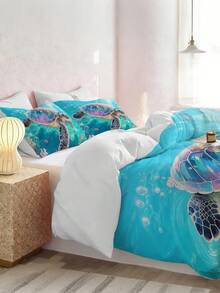 3件套海龟印花床上用品（1个被套+2个枕套，不含被芯/枕芯），柔软舒适，适用于卧室、客房、宿舍，提供特大号、大号、标准大号、单人床尺寸。可拆卸机洗，四季皆宜。 - 彩色 - 查看 6