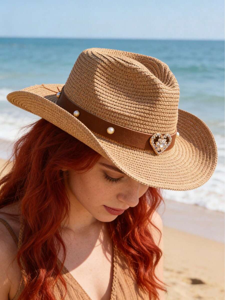 1pc Unisex Wide Brim Straw Hat With Sun Protection Function. Detachable Heart-Shaped Decorative Ribbon, Designed As A Western Cowboy Hat/Cowboy Cap For Summer Beach Use With Sun Protection. Sturdy And Durable Structure, Easy To Fold. - Heart-shaped Pearl Straw Hat - View 1