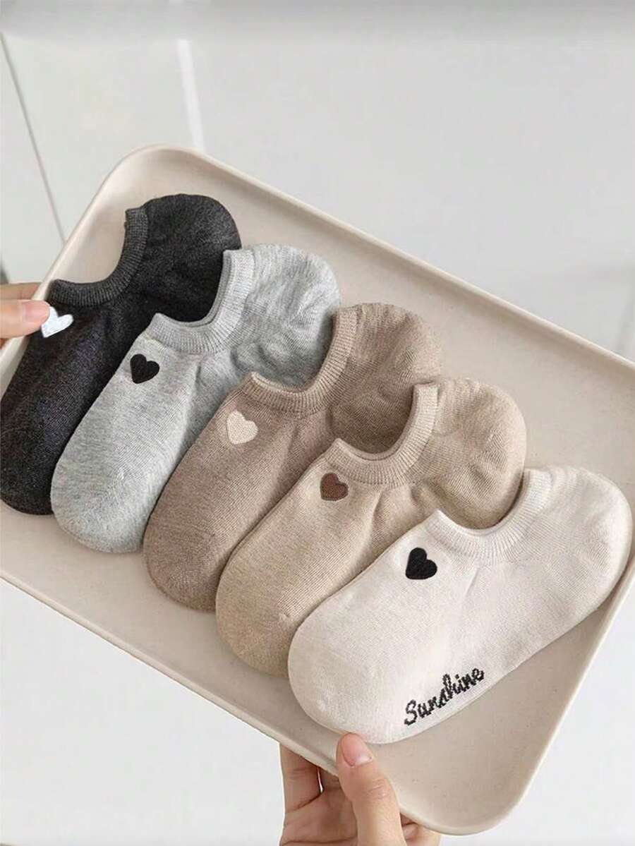 5 pares de calcetines invisibles para mujer con bordado de corazón, transpirables, calcetines invisibles tipo barco de corte bajo para mujer - Multicolor - Ver 1