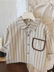 Young Boy Casual Vertical Striped Long Sleeve Shirt - Apricot - View 4