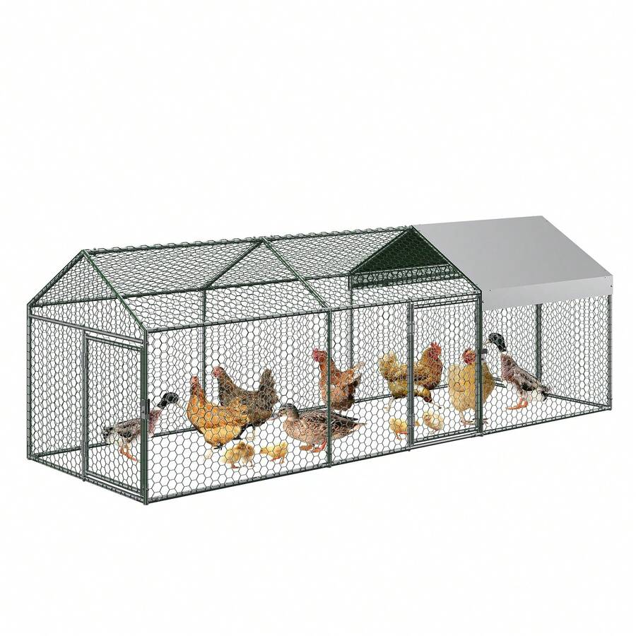 Hodeffior Large Metal ChickenCoop With 3/4 Doors,Heavy Duty Walk-In Chicken Run Cage With Waterproof Cover, Galvanised Steel Outdoor Hen Cages For Chicken, Duck, Goose, Rabbit - Silver - View 1