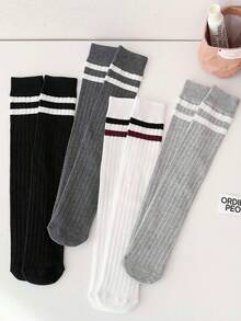 1双/4双装 儿童春夏条纹过膝袜，学院风中筒袜，百搭长筒袜，适合女孩 - 彩色 - 查看 11