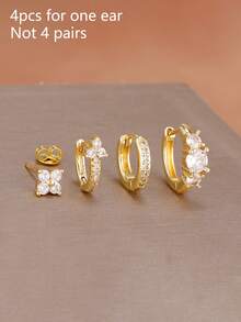 4PCS Exquisite Flower Cubic Zirconia Hoop Earring Set For Women 18K Gold Plated Temperament Flower Ear Stud Earring Piercing Jewelry - Gold-1# - View 2
