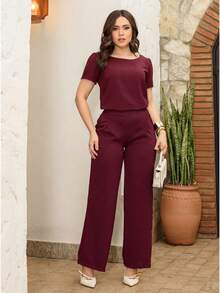 Women's Casual Set: Pants And Blouse With Princess Sleeves And Pockets - New Arrival - Redwood - View 3