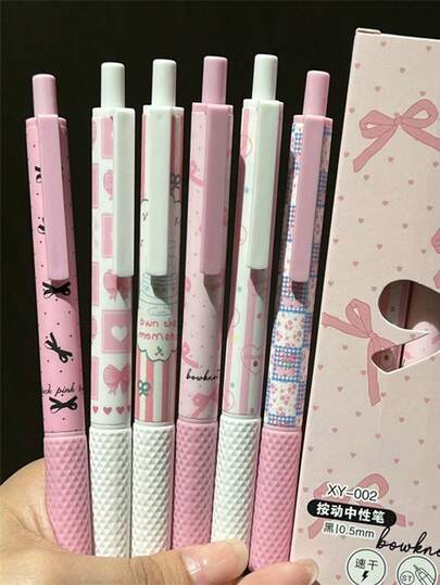 6pcs, Pink Bow Quick Dry Gel Pen, 0.5mm Fine Tip, Smooth Writing, Suitable Office & Classroom Supplies, Teens Adults Home Office Family Education Classroom Writing Writing Writing Special Universal Writing Pen Final Exam