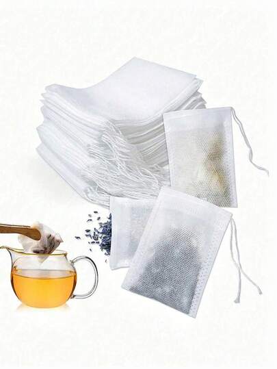 100 piezas Bolsas de té desechables de tela no tejida con cordón multiusos, bolsa de filtro blanca, con cordón, fácil de verter y limpiar, adecuada para café, té, hierbas, especias, empaque de joyería y envoltura de regalos