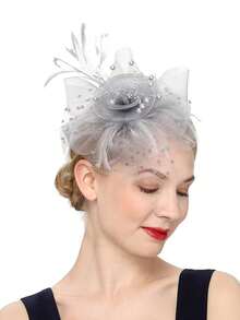1pc Women's Tea Party Kentucky Derby Fascinator Hat With Netting & Ribbon,Beach,Travel - Grey - View 2