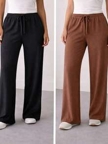 Set Of 2 Women's Pants Duna Wide-Leg Pants Set Wide-Leg Pants High Waist Elastic Waistband Premium Duna Fabric Wrinkle-Resistant Shrink-Resistant Loose-Fitting Pants One Size Elegant Work Look Versatile Piece Fashionable For Summer Winter Spring Autumn Comfort And Style All Seasons Superior Quality - 黑色/棕色 - 查看 3