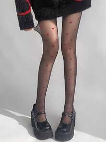1 Pair Sexy Black Heart Print Sheer Stockings - Multicolor - View 4