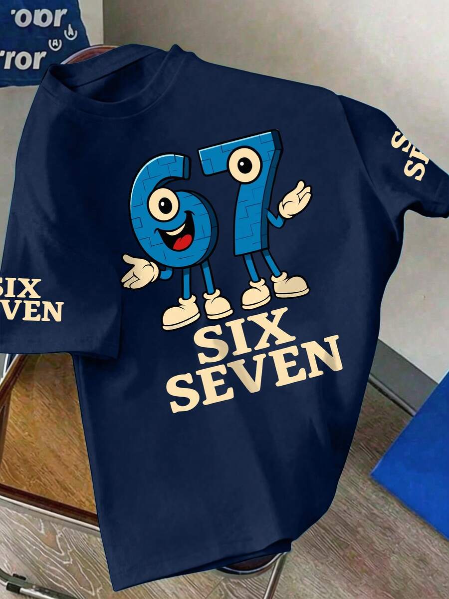 67# Print Round Neck Casual T-Shirt For Tween Boys, Soft & Comfortable, Suitable For Spring & Summer Wear - Navy Blue - View 1