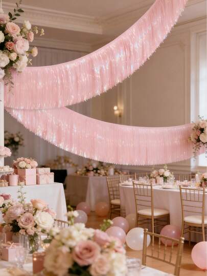 2pcs Light Pink Fringe Banner, 5.9ftTinsel Foil Fringe Curtain For Bachelorette Party Supplies, Birthday Photo Booth Backdrop, Bridal Shower Sign, Valentine's Day Decor, Girls Sweet 16, BabyShower, Engagement Party, Bachelor Party Decor, Pink Ombre Streamers, Dessert Table Wall Hanging