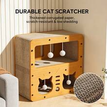 Double-Layer Standing Cat Scratching Post And Cat House Combination: Multi-Level Cat Apartment Made Of Wood And Corrugated Cardboard With A Comfortable Sleeping Loft | Satisfies A Cat's Instincts To Scratch, Climb, Chew, And Nap | Durable, Hairless, Cat Furniture - One-size - View 3