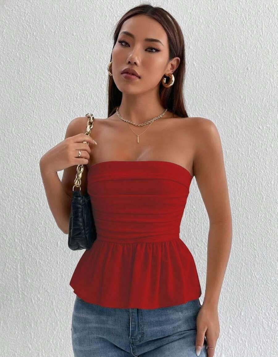 Women's Elegant Summer Cropped Strapless Peplum Blouse - Đỏ - Xem 1