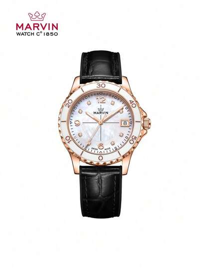 Marvin 女士高级瑞士石英模拟腕表，合成蓝宝石镜面表盘，黑色皮表带，独特礼物之选