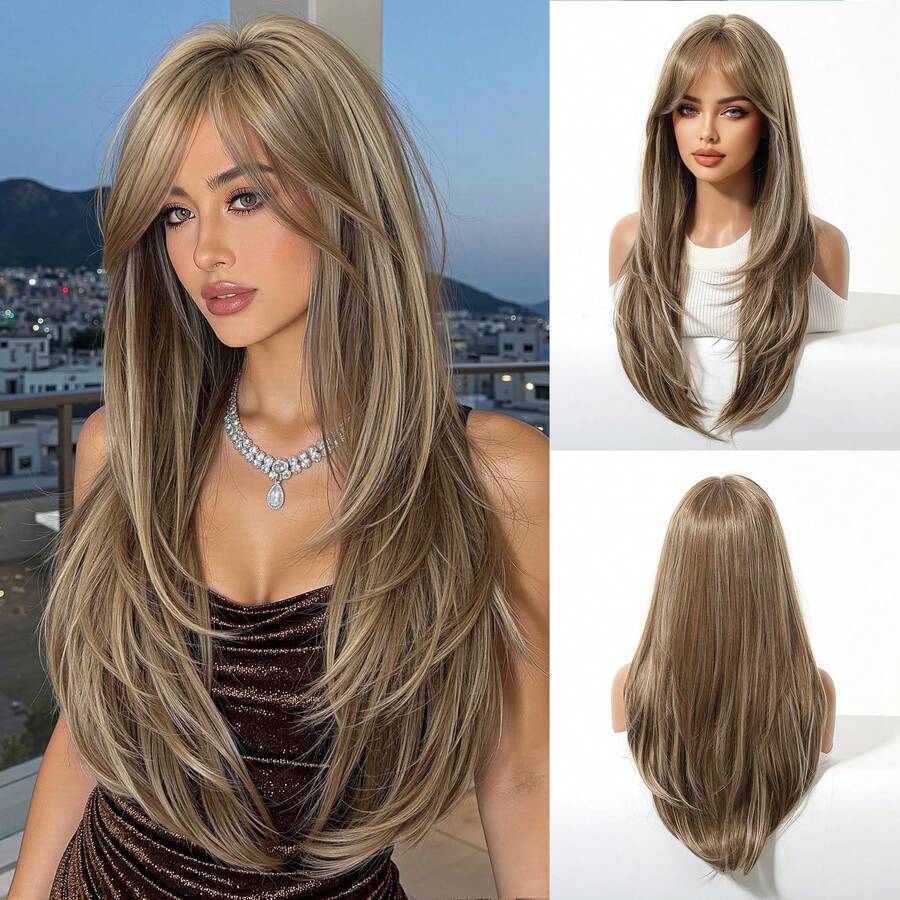 TOPSHE 24-Inch Blonde Highlight Multi-Layered Naturally Curved Center Part Wig, Synthetic Heat-Resistant Ladies Wig, Suitable For Holidays, Travel, Masquerade Balls, Parties, Daily Wear, Music Festivals, Wedding Seasons, Holiday Gifts,Wedding Music Festival - Blonde Highlight - View 1