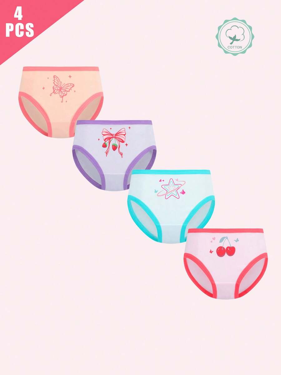 4pcs/Pack Girls' Soft Comfortable Cute Butterfly Pattern Briefs - Multicolor - View 1