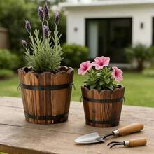 1/3pcs Vintage Wooden Barrel Shaped Planter, Rust-Resistant Indoor/Outdoor Succulent Flower Pot, Rustic Style Wooden Planter - Wavy Mouth - View 4