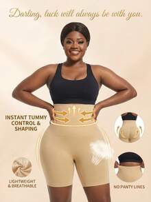 1pc Women's Christmas High Waist Slimming Leggings, Comfortable & Versatile For Daily Wear. Double-Layer Design Enhances Abdominal Control For A Perfect Figure. Shorts - Apricot - View 5