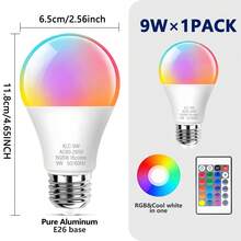Bombilla LED RGBW de 9W con control remoto, bombilla multicolor de 16 colores, base E26/E27, 80-265V, bombilla LED multicolor regulable, adecuada para decoración del hogar, dormitorio, fiesta, bar, 1 paquete - multicolor - Ver 10