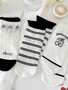 4 Pairs Women Cherry Stripe Short Socks Invisible Ice Silk Hollow Crew Socks, Korean Version, Suitable For Summer - Multicolor - View 5