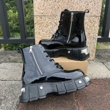 Men's Fashion Cyber Punk Style High-Top Chunky Boots Black Patent Leather With Side Zipper Motorcycle Short Boots For Man Thick Sole Vintage Leather Boots - 黑色 - 查看 10